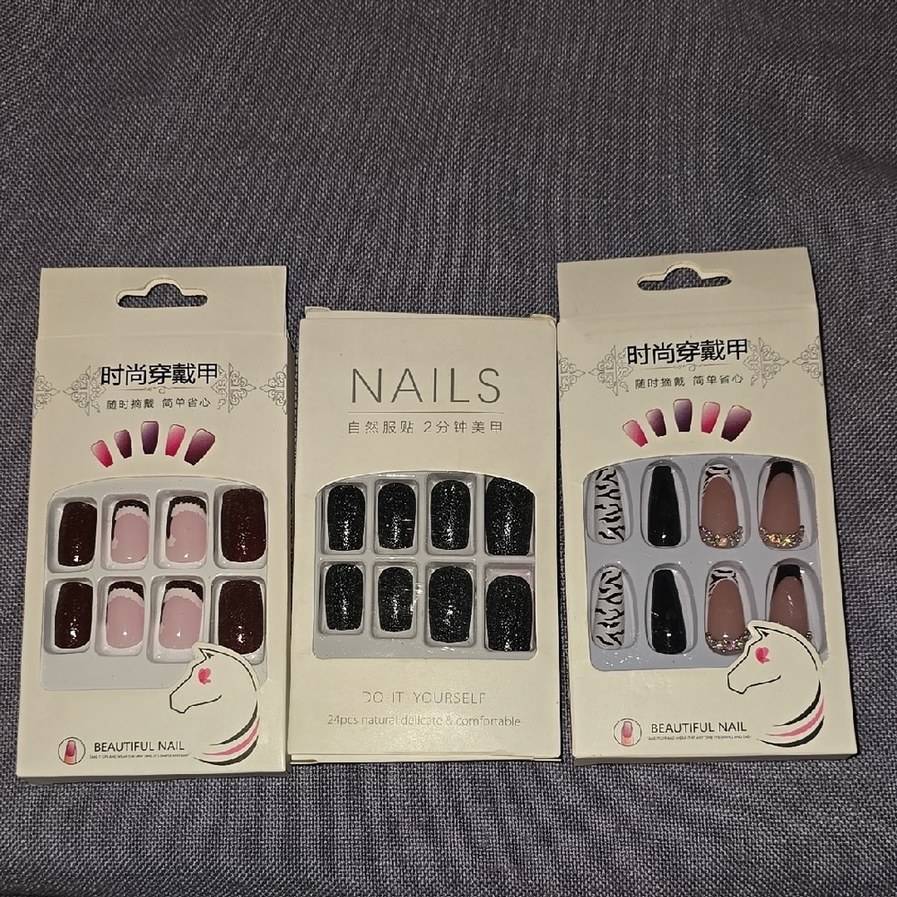 3 Press-On Nail Sets - Black and Pink, Zebra Print